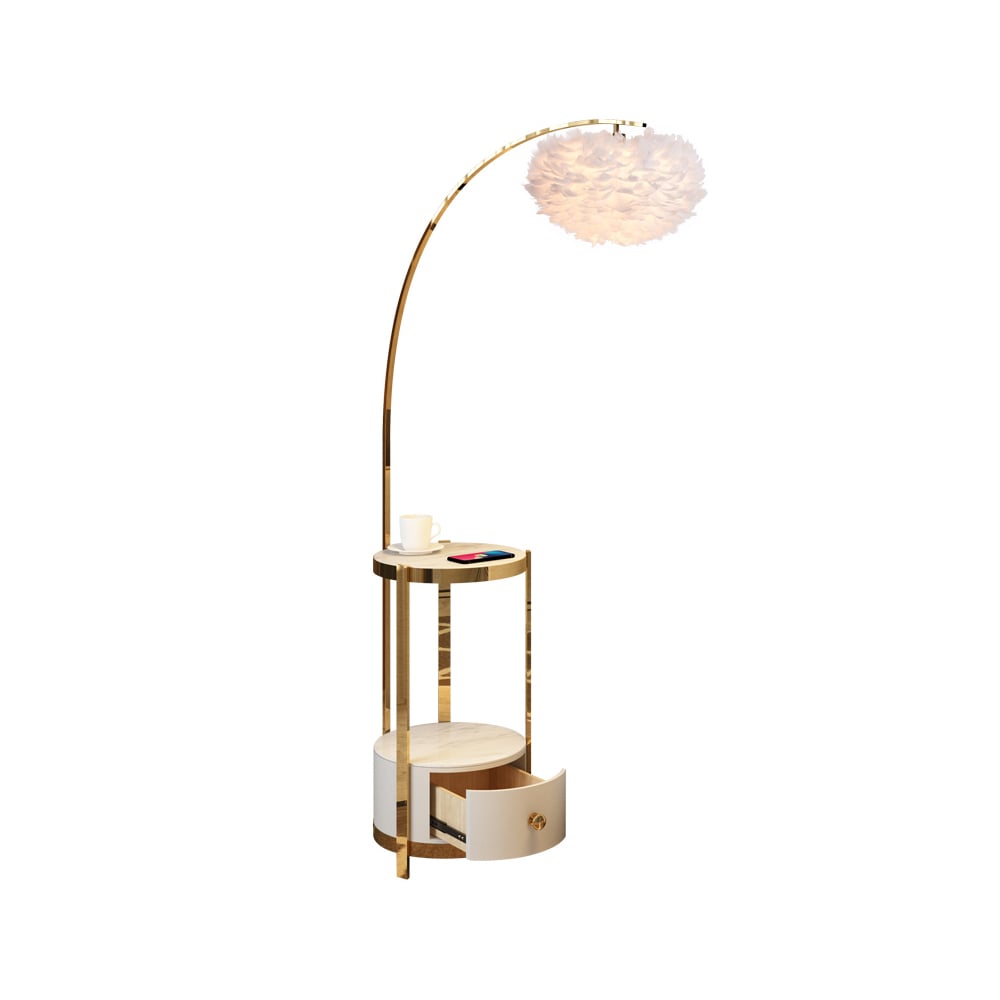 Feather Arc Floor Lamp White End Table Wireless Charging & USB Port Included window image