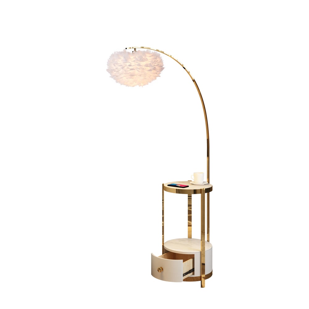 Feather Arc Floor Lamp White End Table Wireless Charging & USB Port Included window image