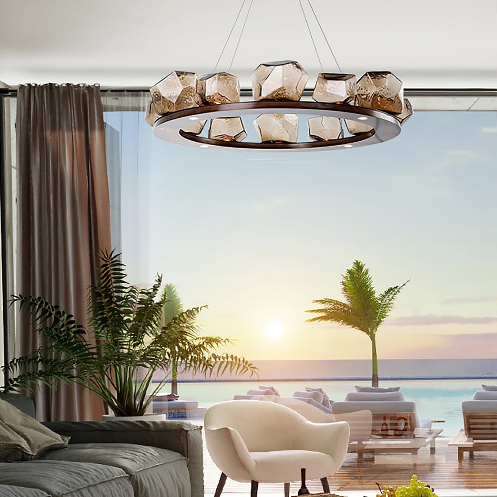 Modern 10-Light Geometric Stone Glass Chandelier window image