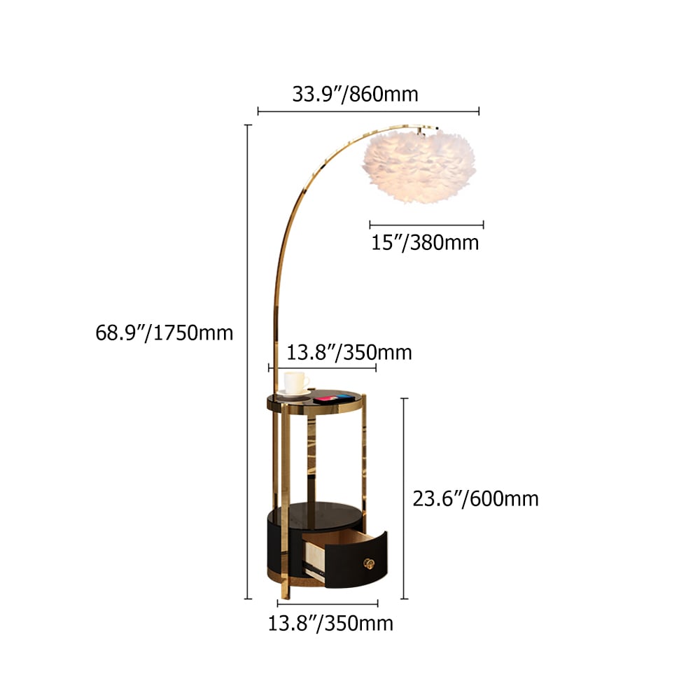 Black End Table Overarching Feather Floor Lamp with Wireless Charging & USB Port weights dimensions image