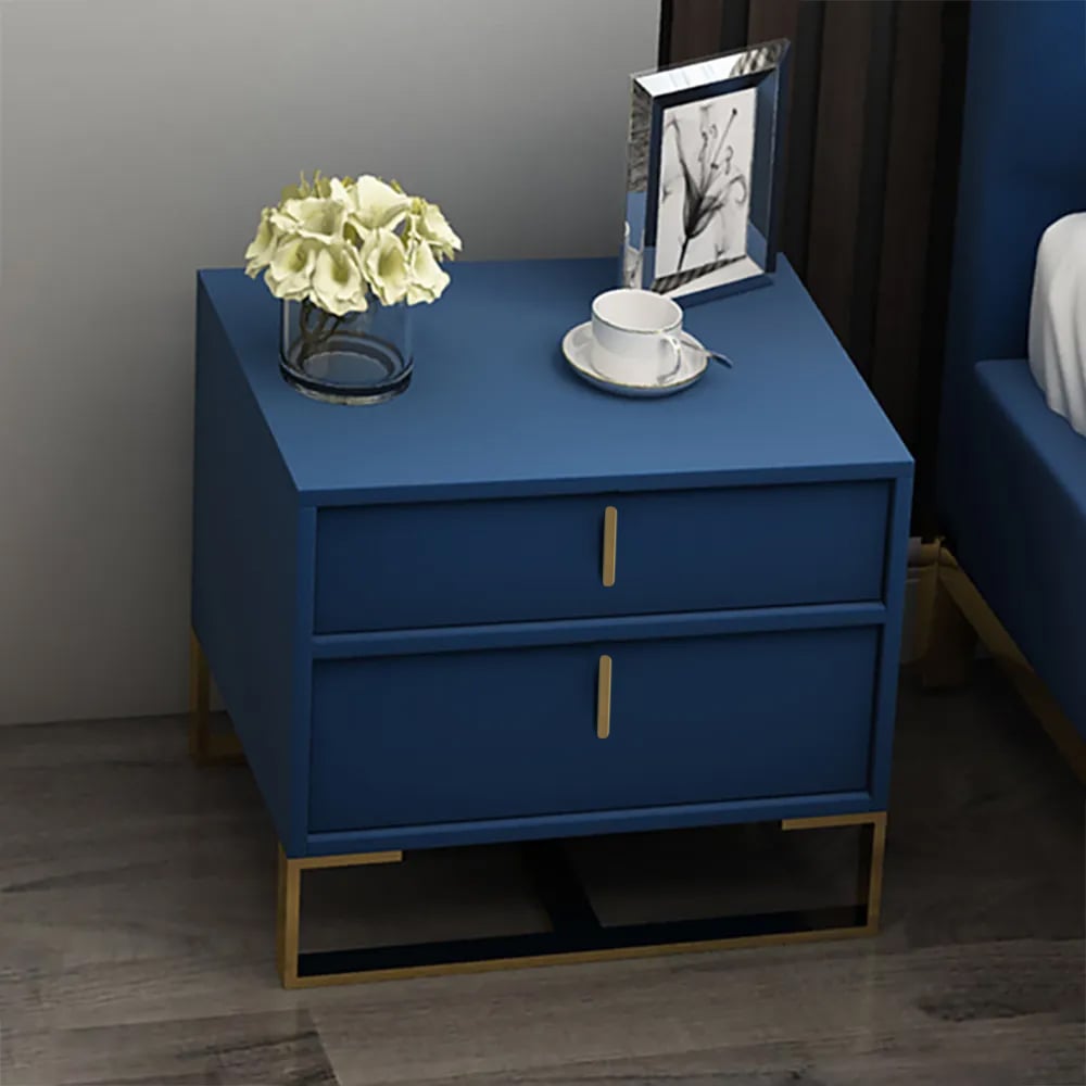 Modern Blue Nightstand Minimalist Bedside Table with 2 Drawers in Gold window image