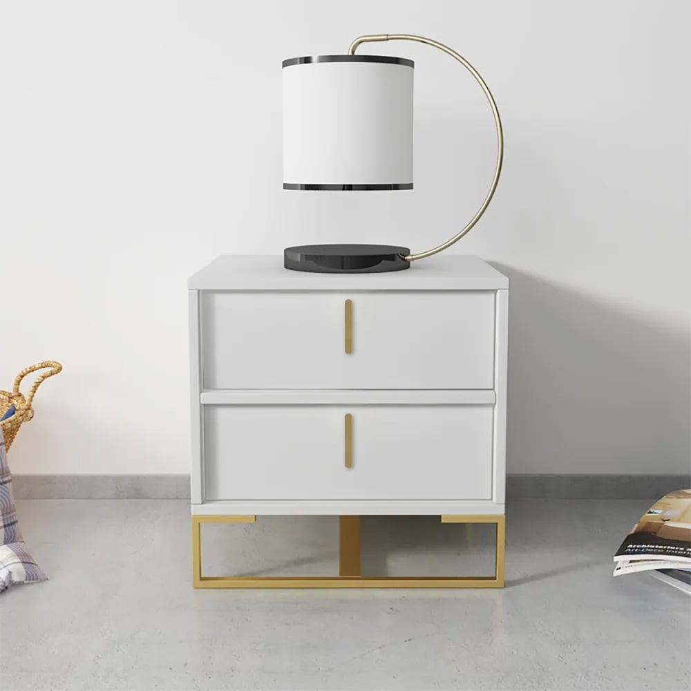 Modern White Nightstand Minimalist Bedside Table with 2 Drawers in Gold window image