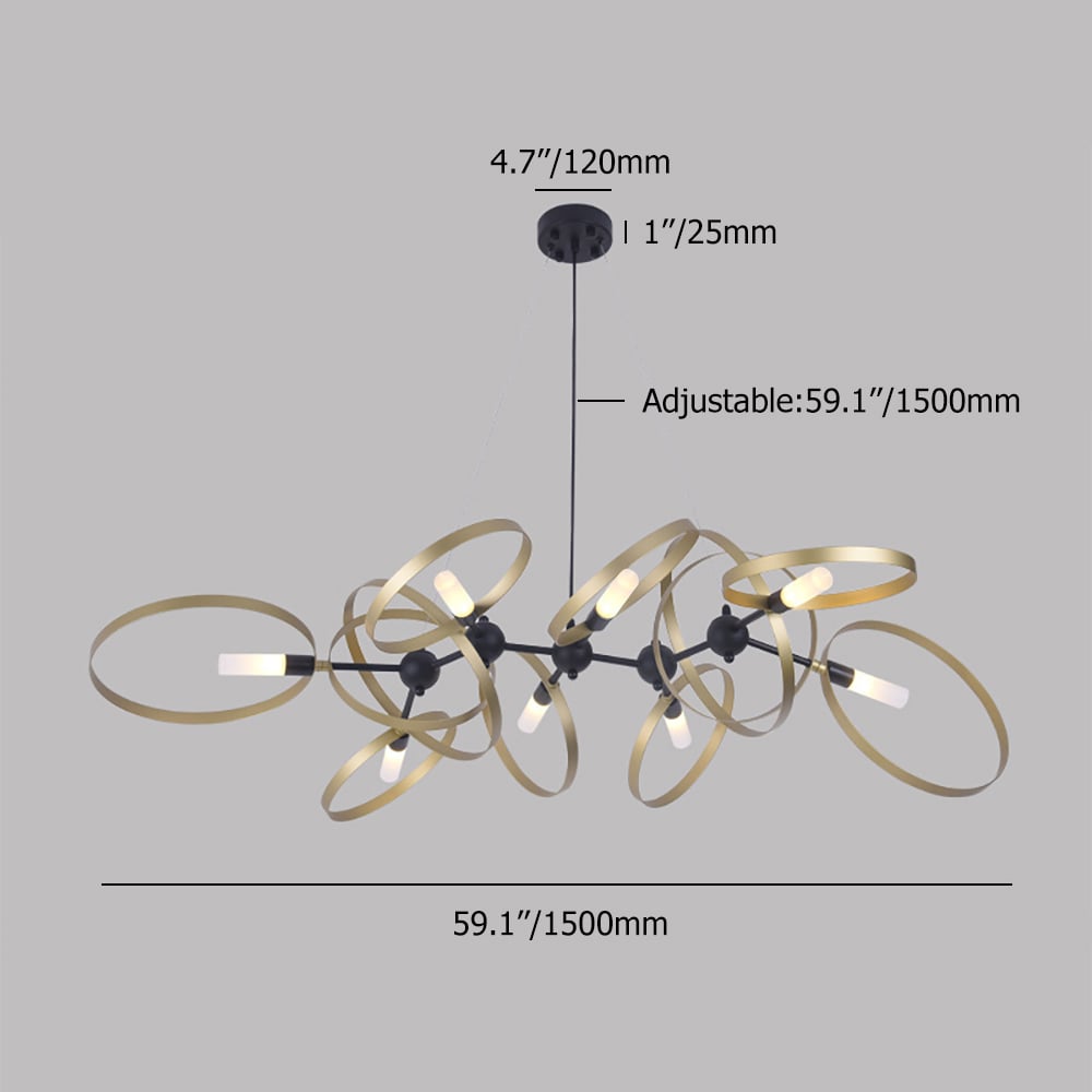 Postmodern 8-Light Black Branching Chandelier with Gold Circles