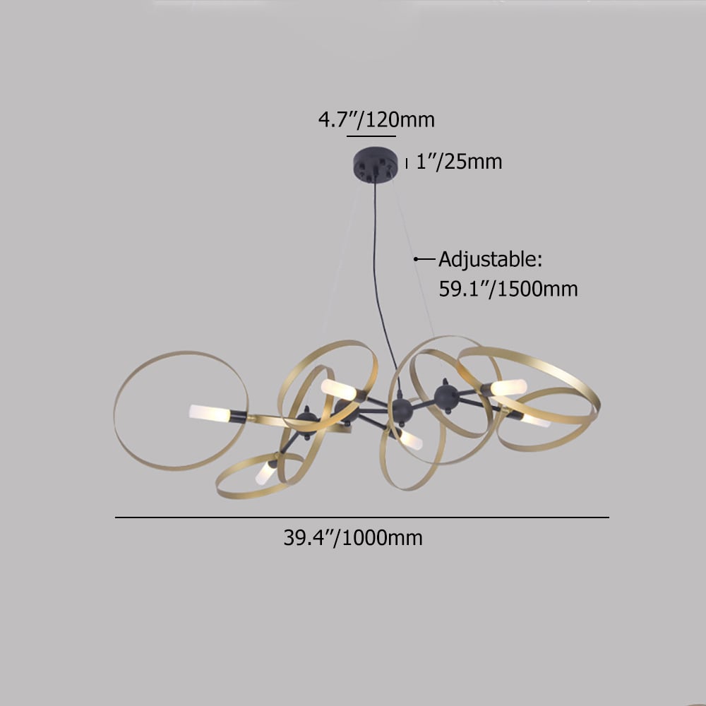 Postmodern 8-Light Black Branching Chandelier with Gold Circles