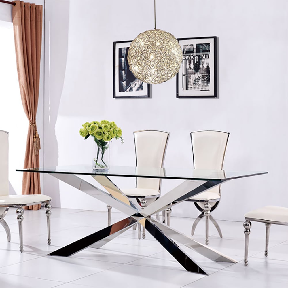 2000 mm minimalistische rechthoekige eettafel van gehard glas Vensterafbeelding