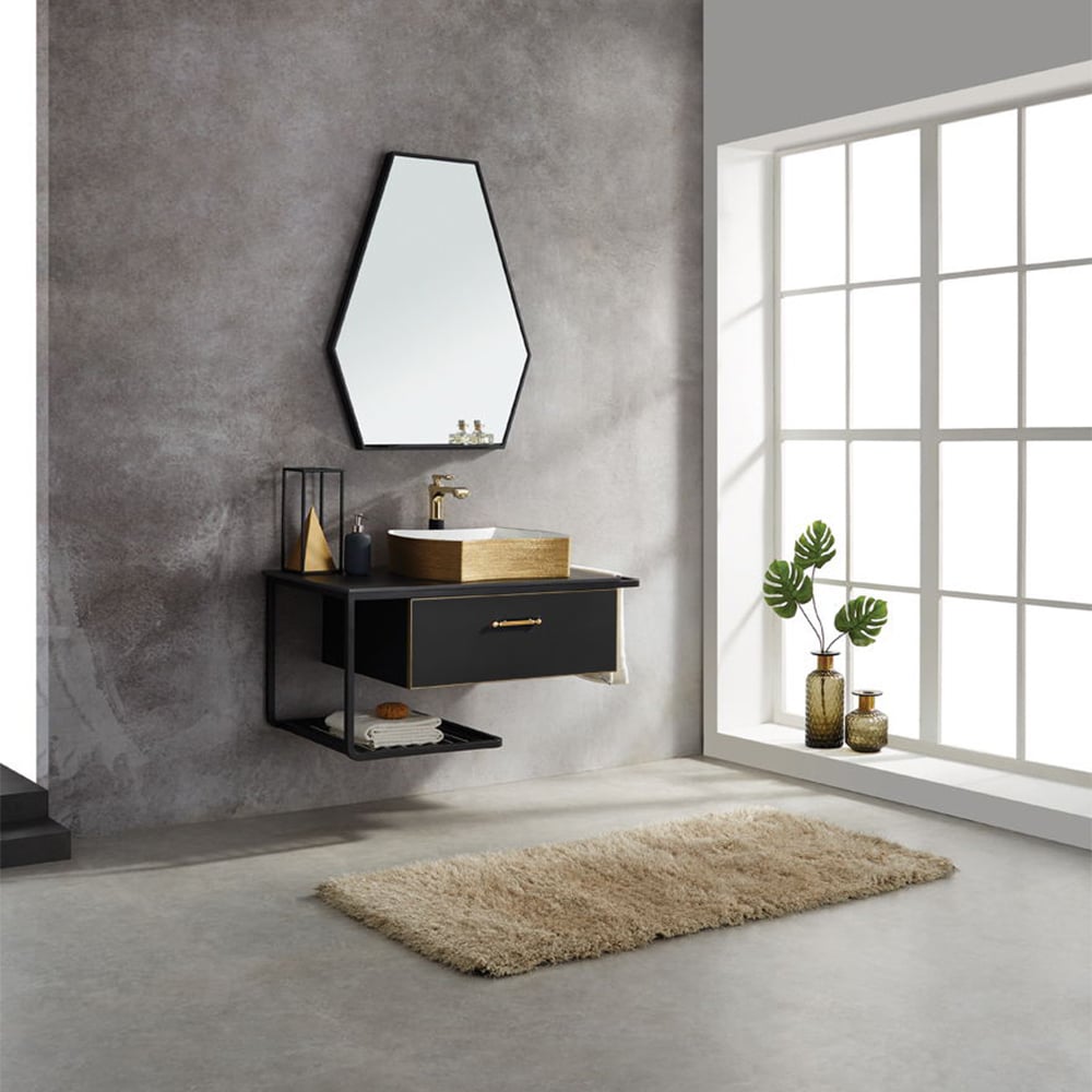 Cajón, estante y barra de toalla para baño de pared negro nórdico de 1000 mm Imagen de ventana