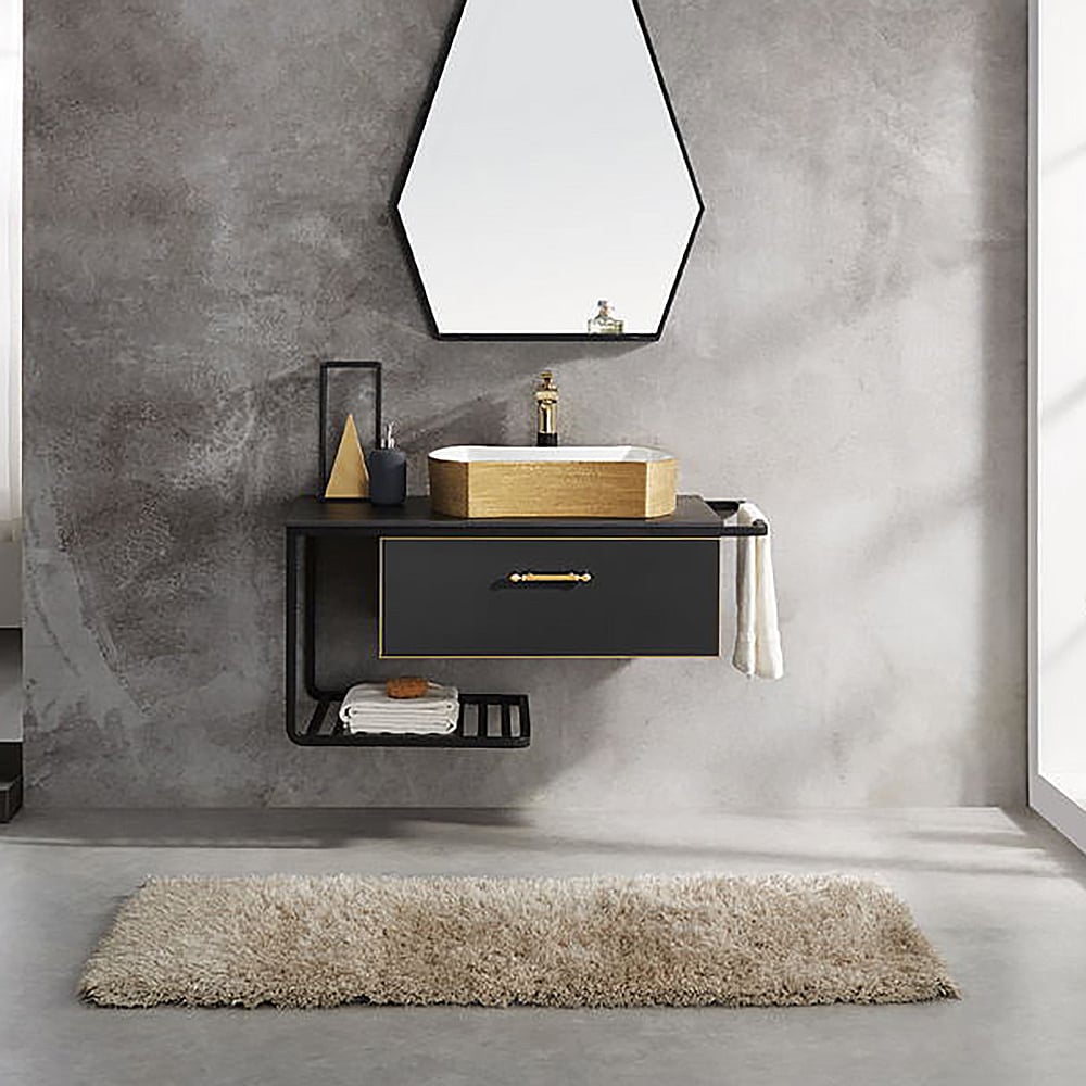 Cajón, estante y barra de toalla para baño de pared negro nórdico de 1000 mm Imagen de ventana