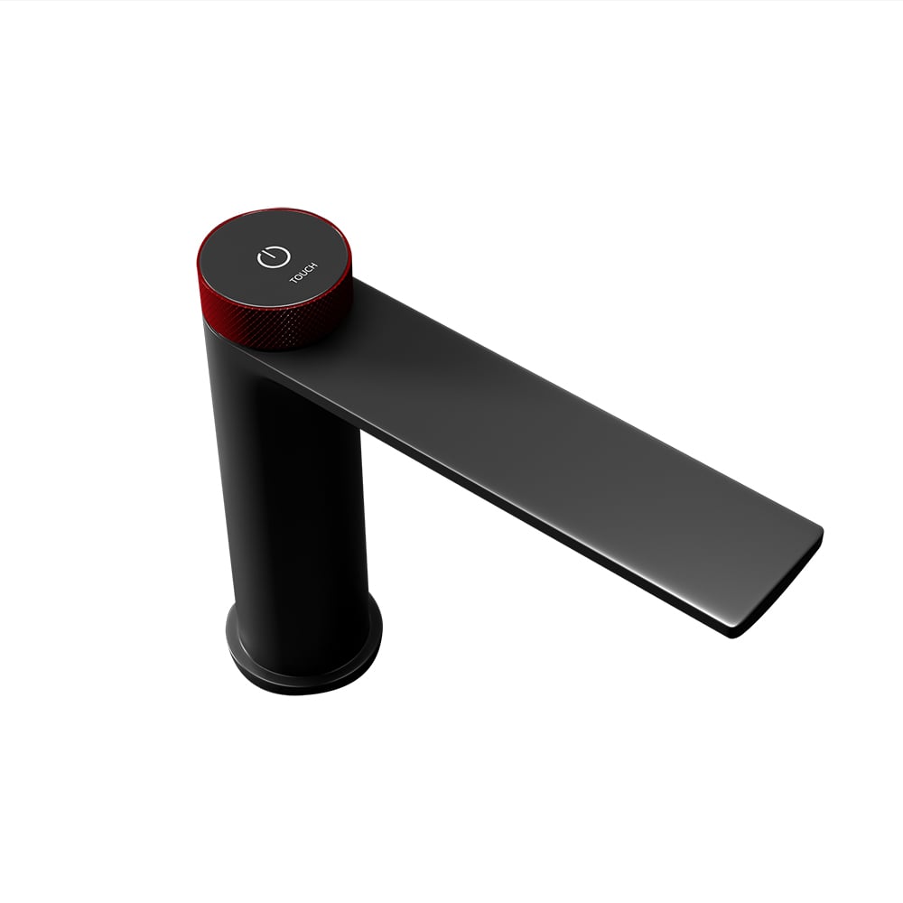 Simple and Modern Design Single Hole Bathroom Sink Faucet in Gray & Red window image