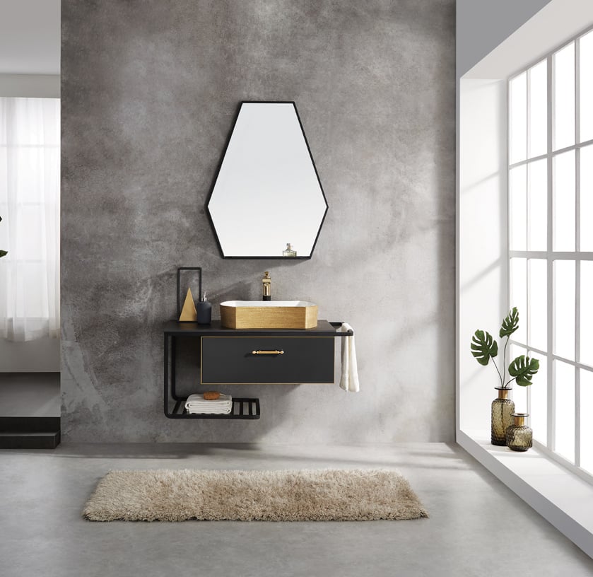 Cajón, estante y barra de toalla para baño de pared negro nórdico de 1000 mm Imagen de ventana