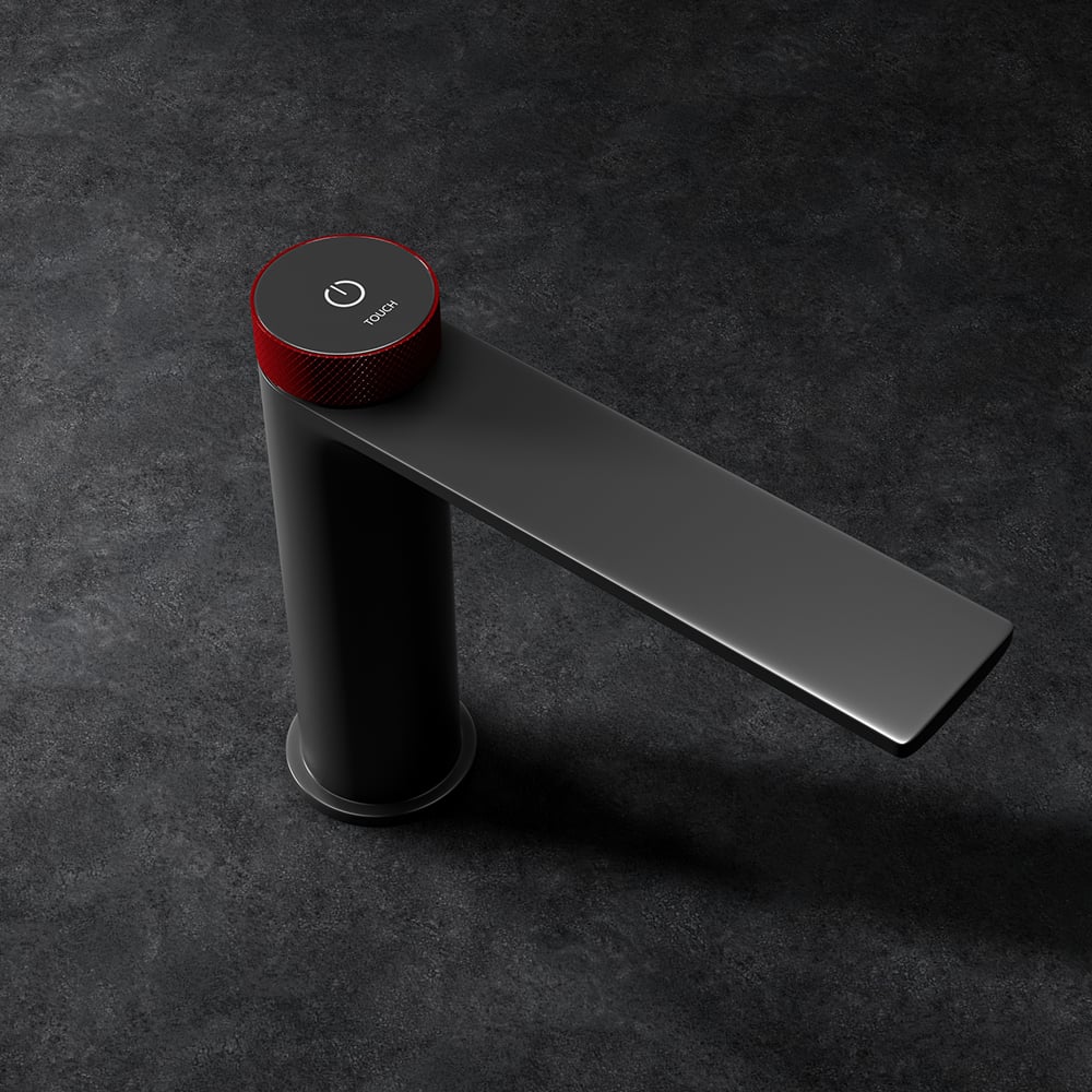 Simple and Modern Design Single Hole Bathroom Sink Faucet in Gray & Red window image