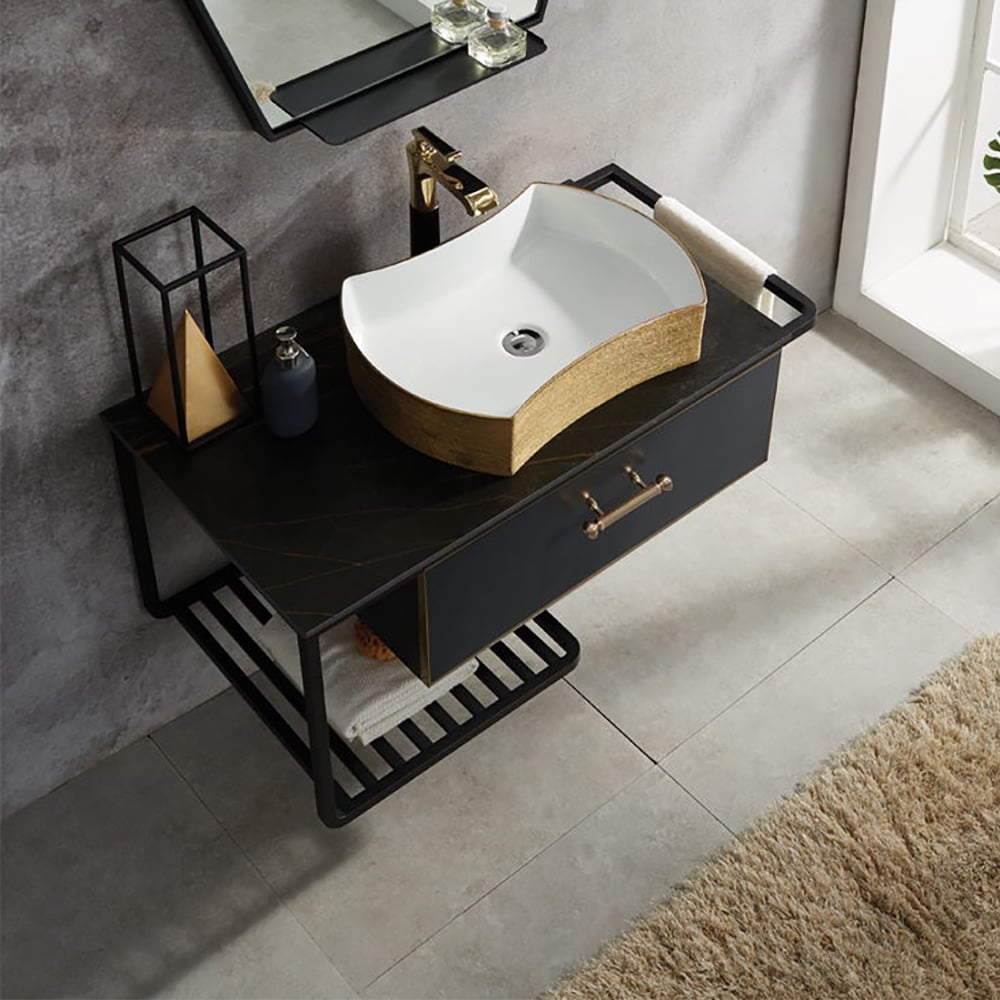 Cajón, estante y barra de toalla para baño de pared negro nórdico de 1000 mm Imagen de ventana