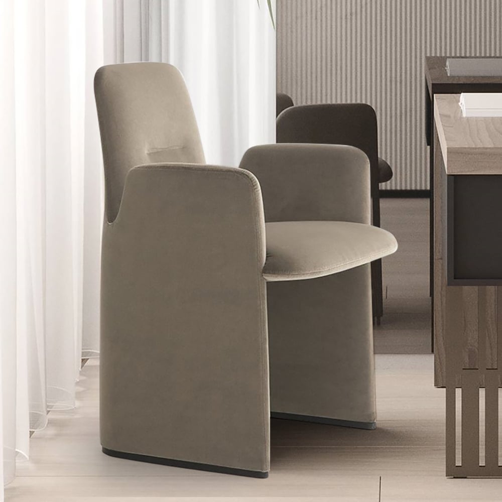 Modern Khaki Accent Chair with Velvet Upholstery & Solid Back window image