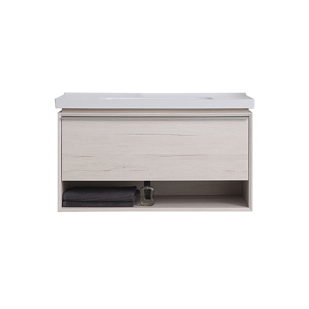 Vanité de salle de bain en pierre flottante beige contemporain de 1005mm avec lavabo intégré image de fenêtre