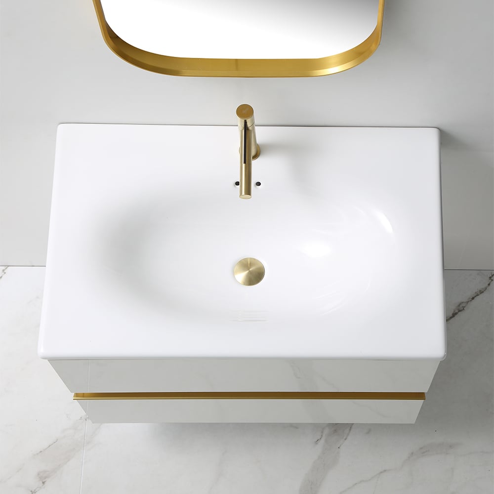 Meuble-lavabo flottant blanc de 31,9 po avec dessus en pierre frittée avec évier sous comptoir et 2 tiroirs image de fenêtre