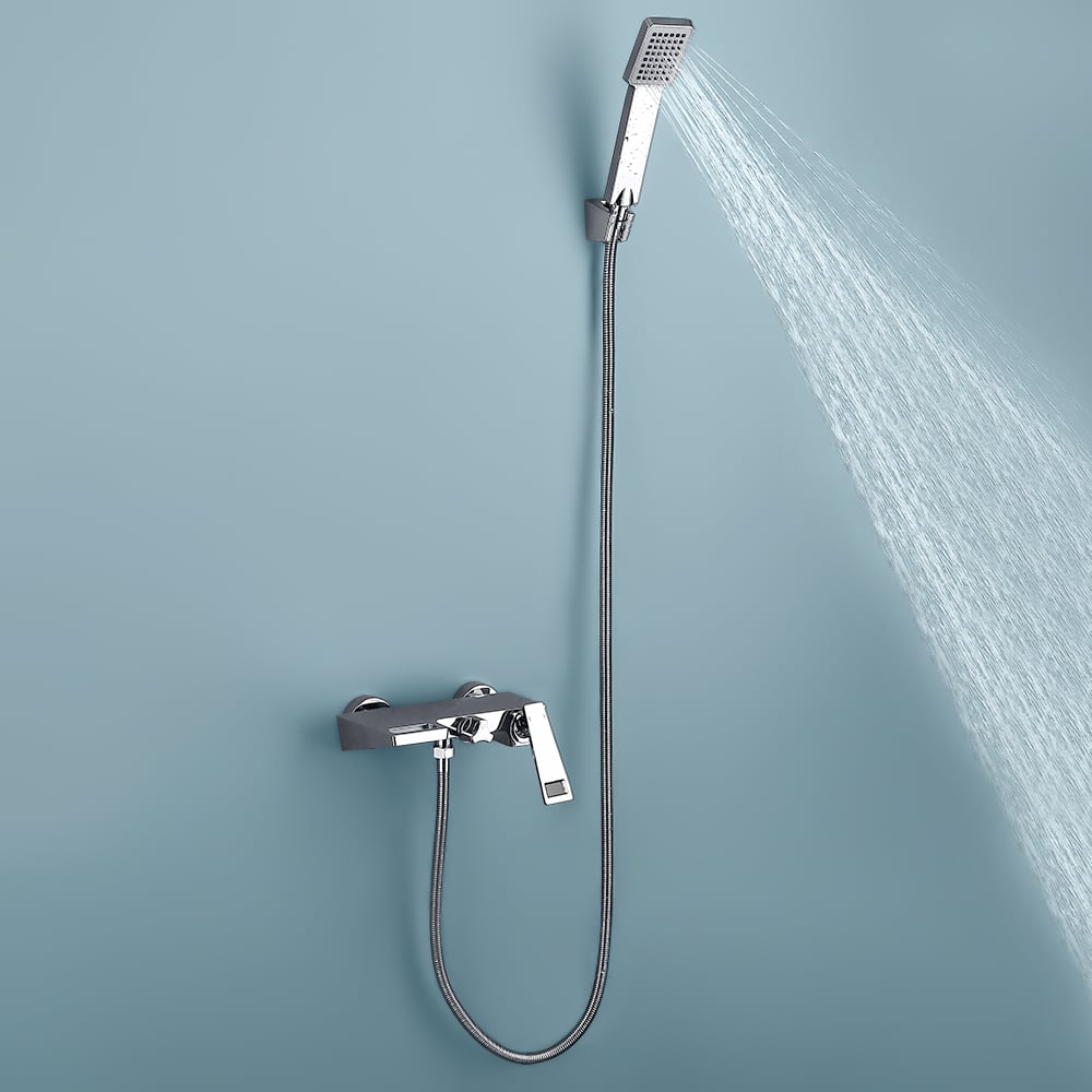 Wall Mount Waterfall Bath Mixer Tap with Hand Shower Solid Brass in Chrome window image