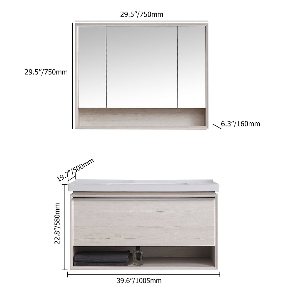 1005mm Contemporary Beige Floating Stone Top Bathroom Vanity with Integrated Basin window image