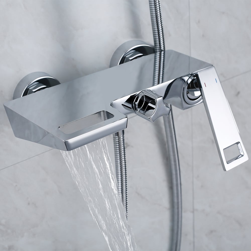 Wall Mount Waterfall Bath Mixer Tap with Hand Shower Solid Brass in Chrome window image