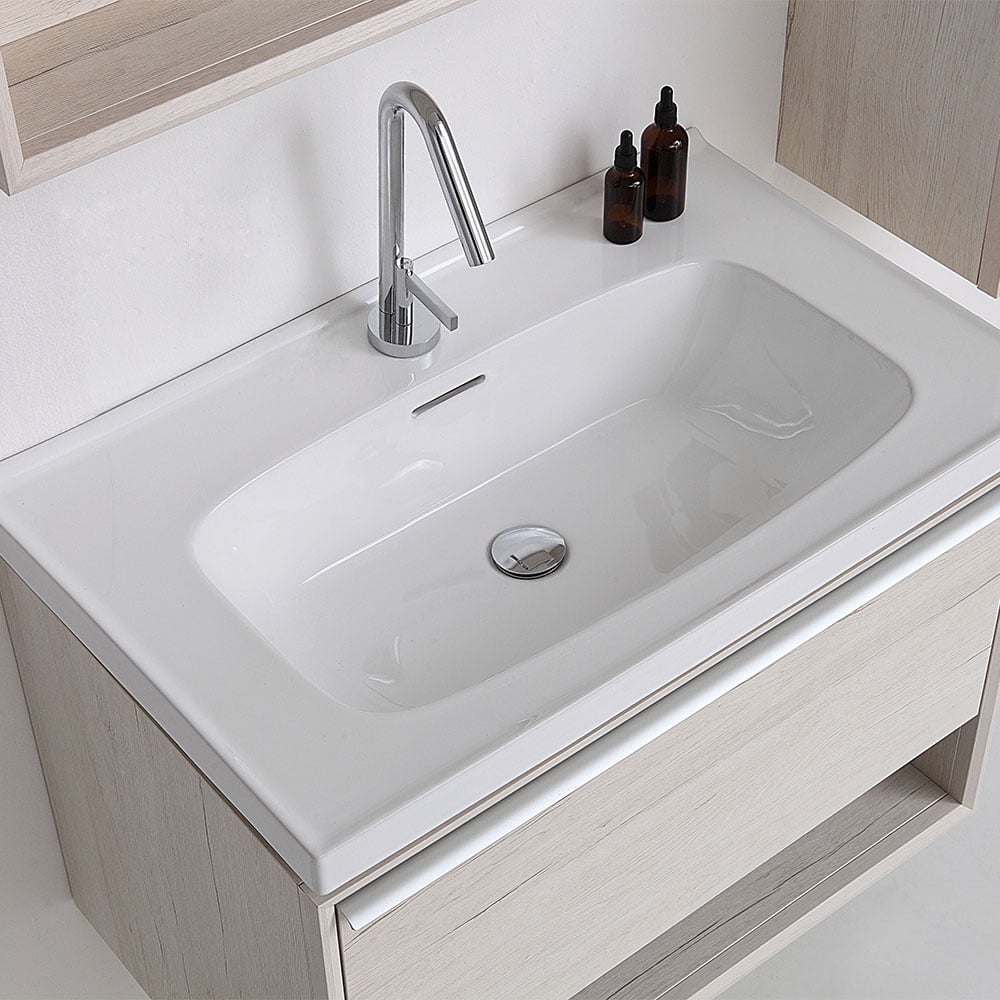 Vanité de salle de bain en pierre flottante beige contemporain de 1005mm avec lavabo intégré image de fenêtre