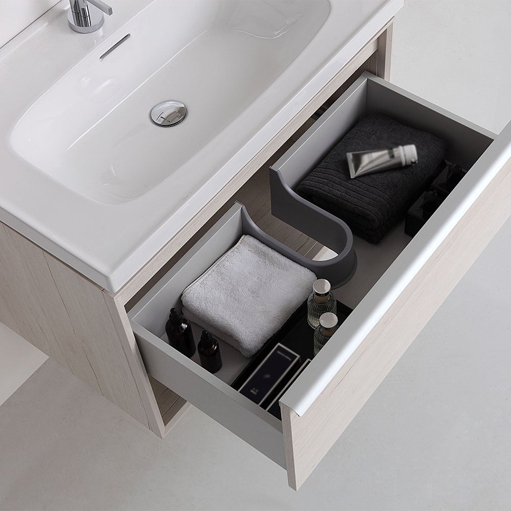 Vanité de salle de bain en pierre flottante beige contemporain de 1005mm avec lavabo intégré image de fenêtre