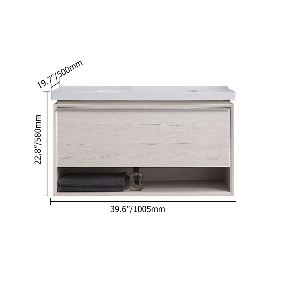 Vanité de salle de bain en pierre flottante beige contemporain de 1005mm avec lavabo intégré image de fenêtre