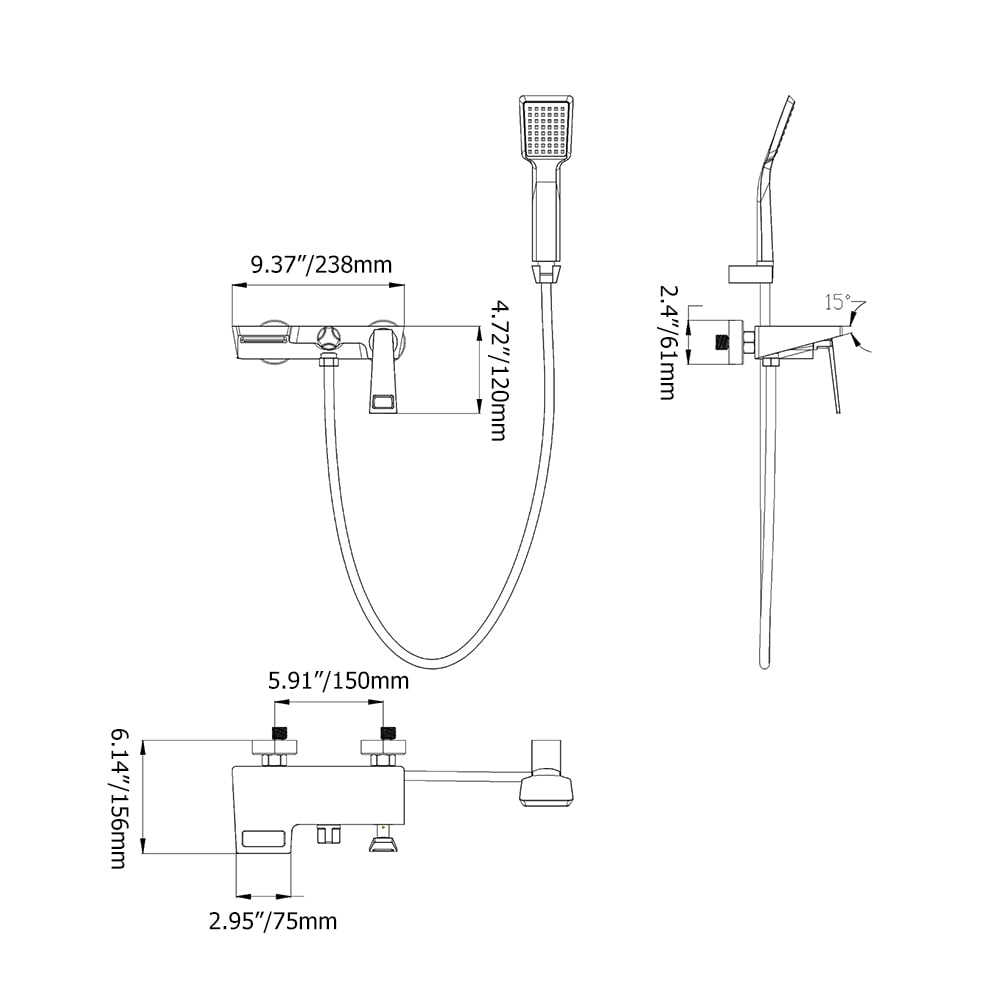 Wall Mount Waterfall Bath Mixer Tap with Hand Shower Solid Brass in Chrome window image