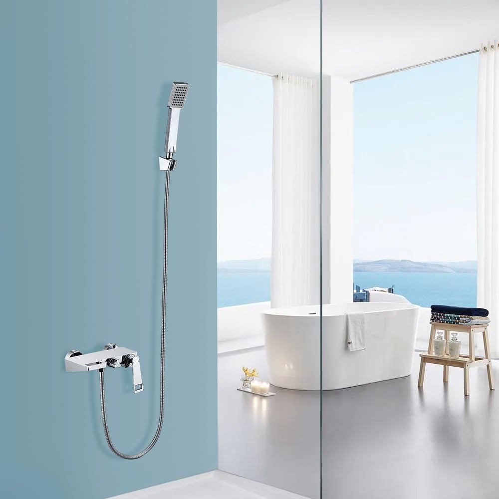 Wall Mount Waterfall Bath Mixer Tap with Hand Shower Solid Brass in Chrome window image
