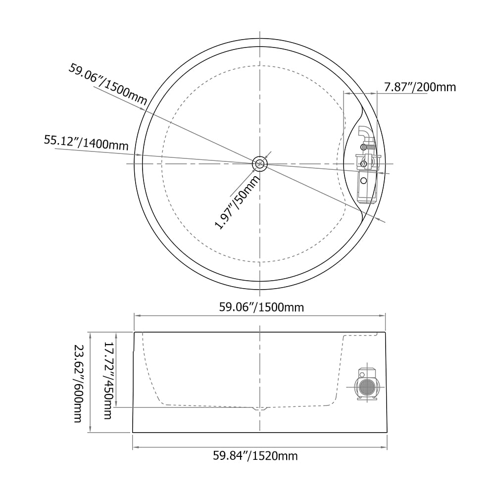 Baignoire ronde autoportante en acrylique microsoie 1500mm avec massage en blanc brillant Poids, dimensions, image