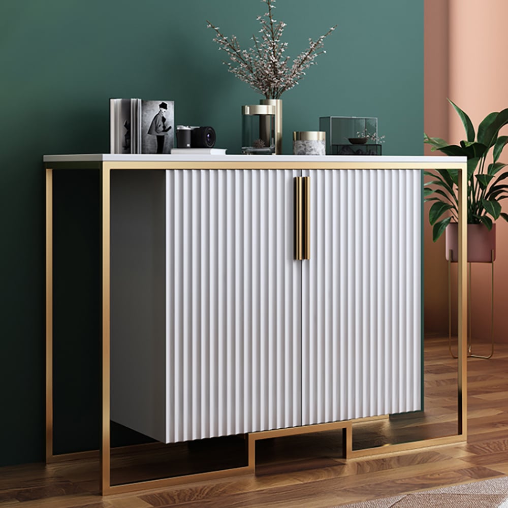 Contemporary White Slatted Accent Cabinet with Geometric Golden Frame window image