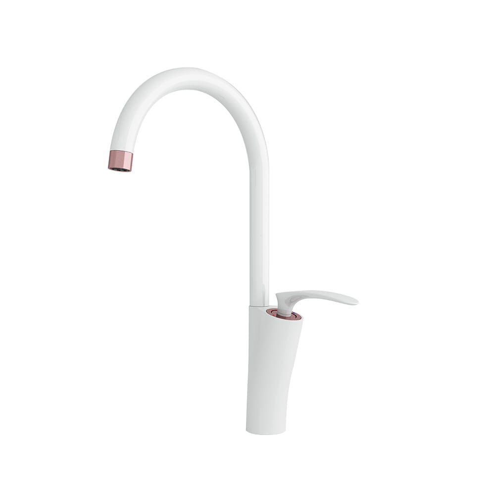 Robinet de cuisine mono à levier unique en laiton massif blanc et or rose image de fenêtre