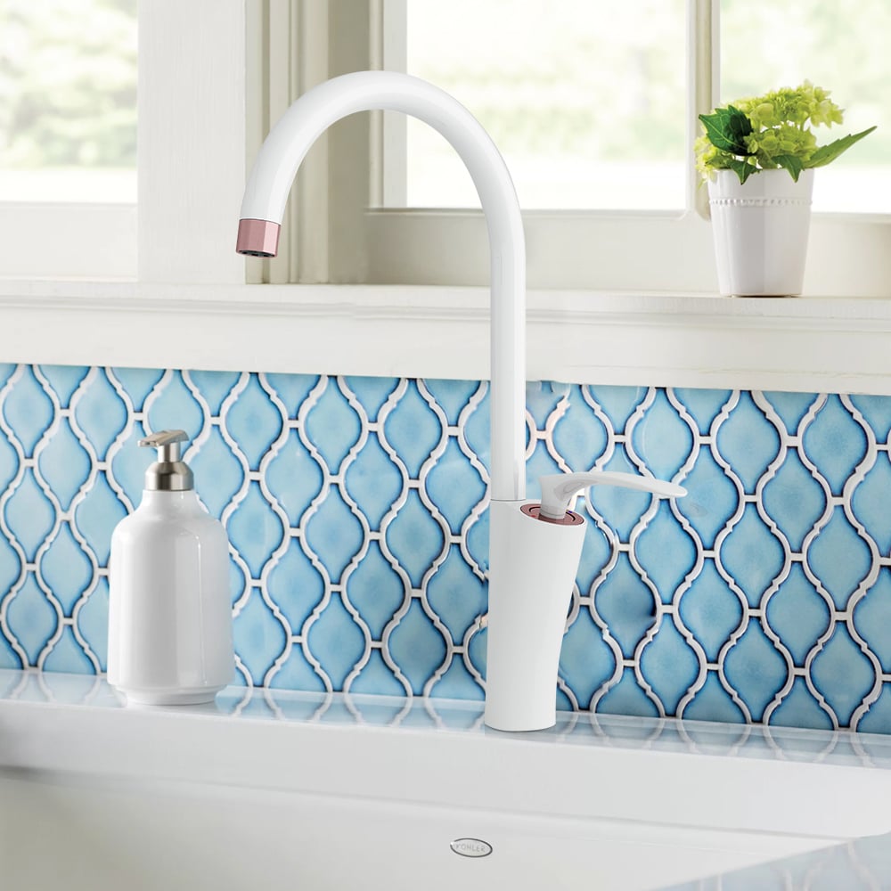 Robinet de cuisine mono à levier unique en laiton massif blanc et or rose image de fenêtre