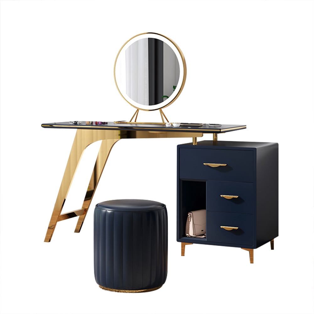 Nordic Blue Makeup Vanity Retractable Dressing Table Set Stool & Mirror Included window image