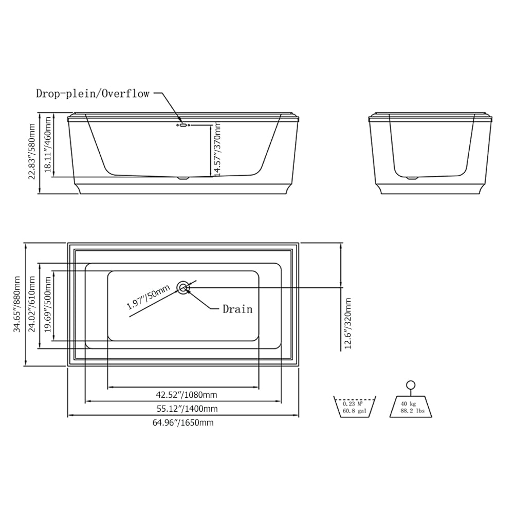 1650mm MicroSilk Acryl vrijstaand rechthoekig bad in glanzend wit Afbeelding met gewichten en afmetingen