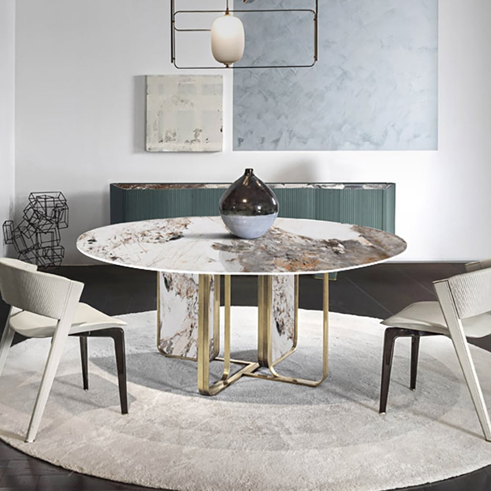 Mesa de comedor contemporánea redonda de 59 pulgadas con parte superior de piedra sinterizada en Pandora & Gold Imagen de ventana