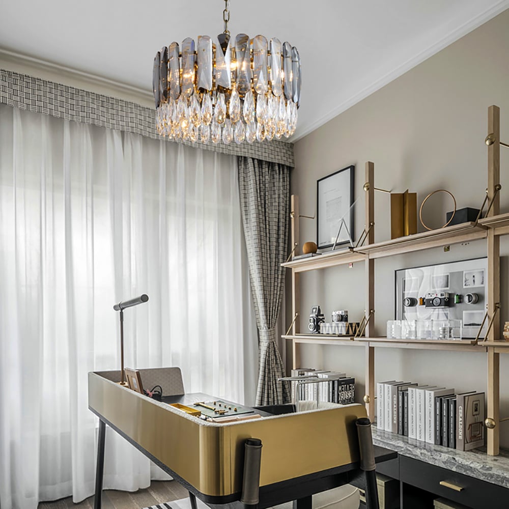 Lustre moderno de 6 luzes Raindrop em camadas com moldura redonda e cristal Imagem da janela