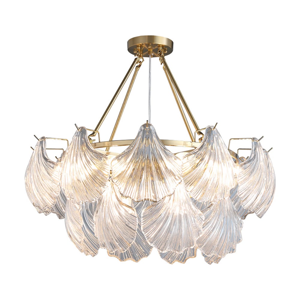Modern Tiered Shell Glass Chandelier 12-Light with Hanging Rods in Brass