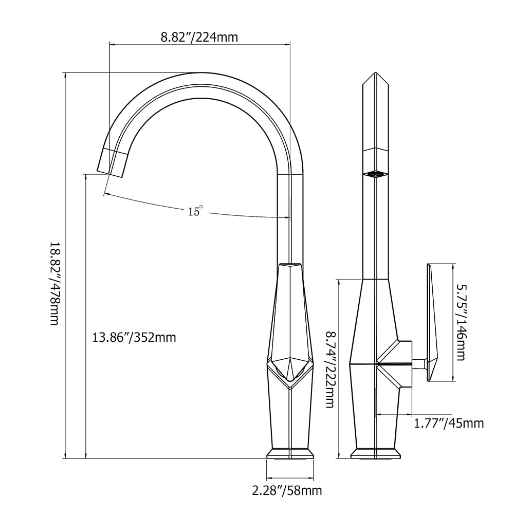 Modern Geometric Single Hole High Arc Brass Kitchen Faucet in Chrome window image