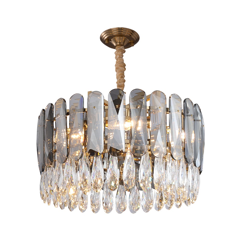 Lustre moderno de 6 luzes Raindrop em camadas com moldura redonda e cristal Imagem da janela