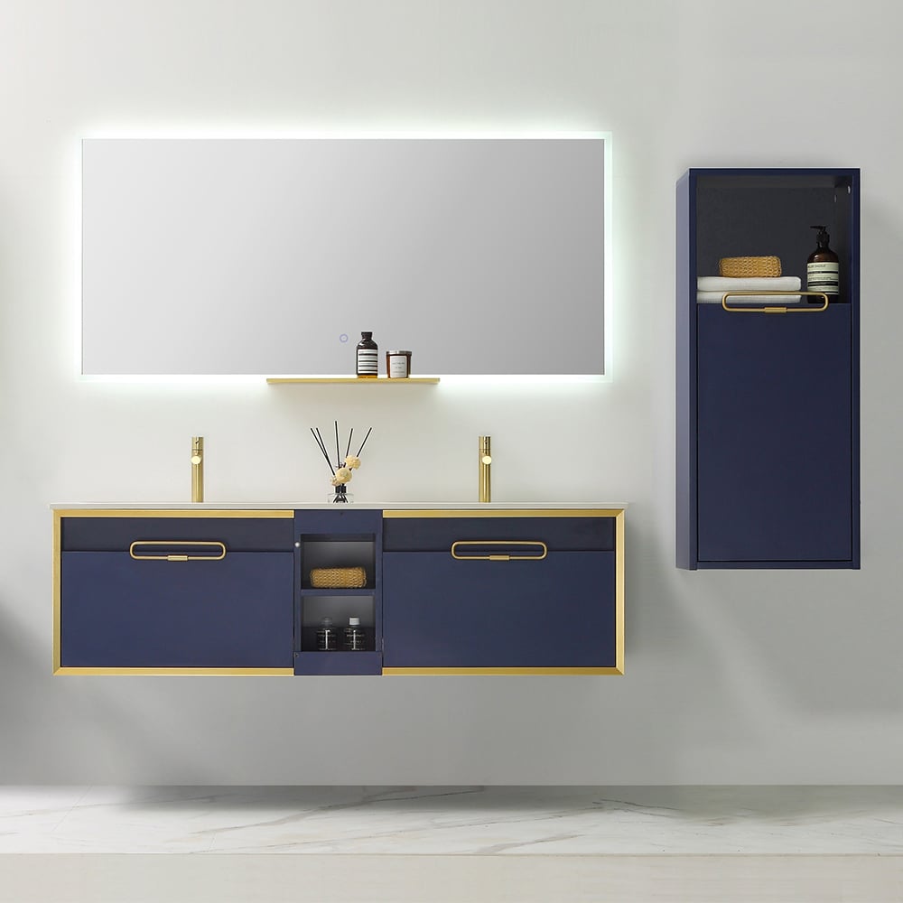 1500mm Floating Bathroom Vanity Top Double Integral Basins with Side Cabinet in Blue window image