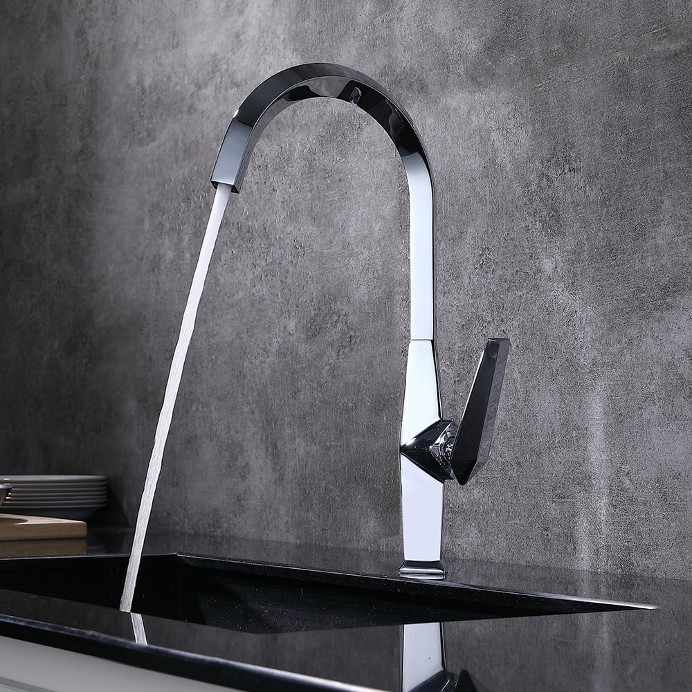 Modern Geometric Single Hole High Arc Brass Kitchen Faucet in Chrome window image