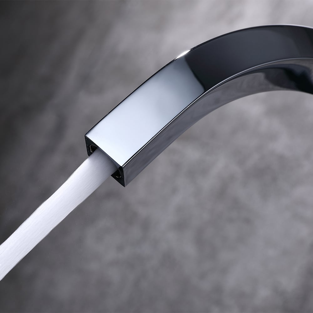 Modern Geometric Single Hole High Arc Brass Kitchen Faucet in Chrome window image