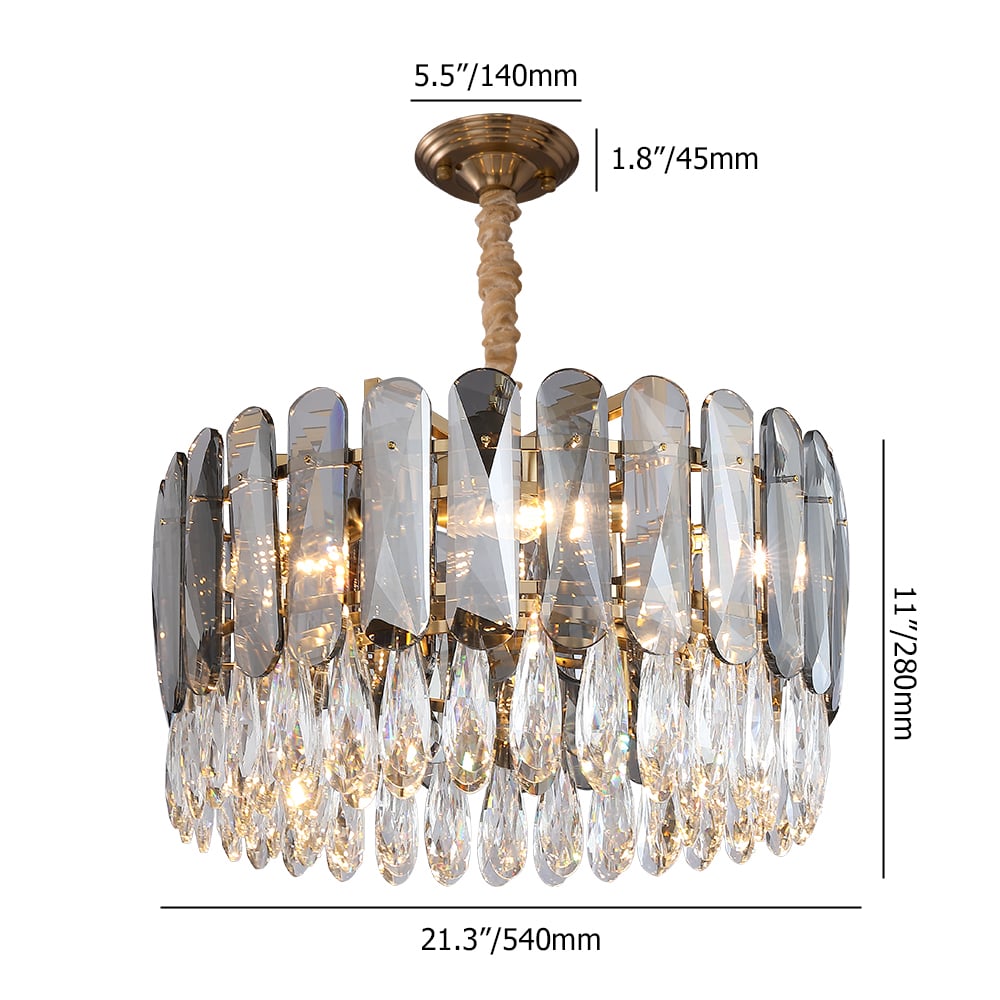 Lustre moderno de 6 luzes Raindrop em camadas com moldura redonda e cristal Imagem com pesos e dimensões