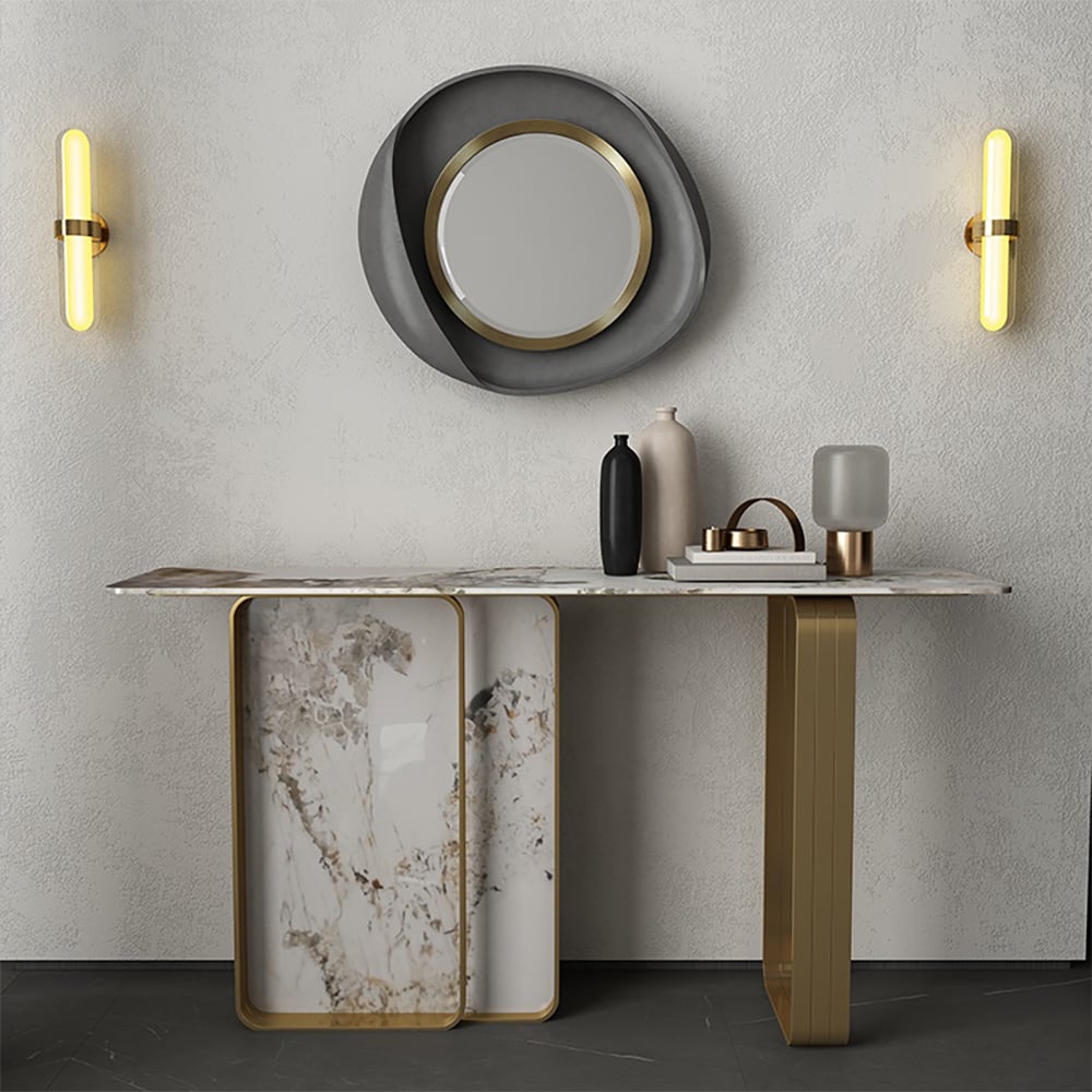 Console rectangulaire contemporaine en acier inoxydable et pierre frittée de 55 po image de fenêtre