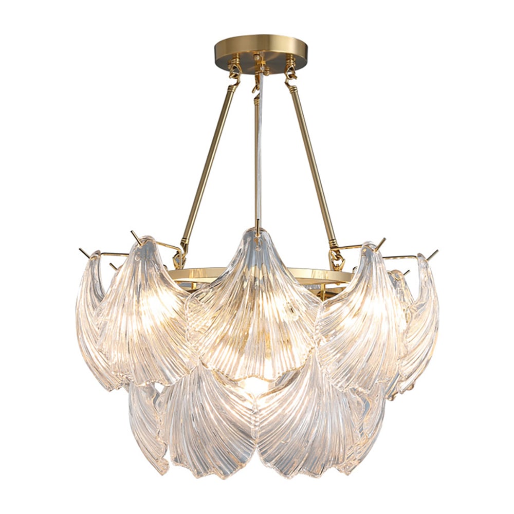 Modern Tiered Shell Glass Chandelier 12-Light with Hanging Rods in Brass