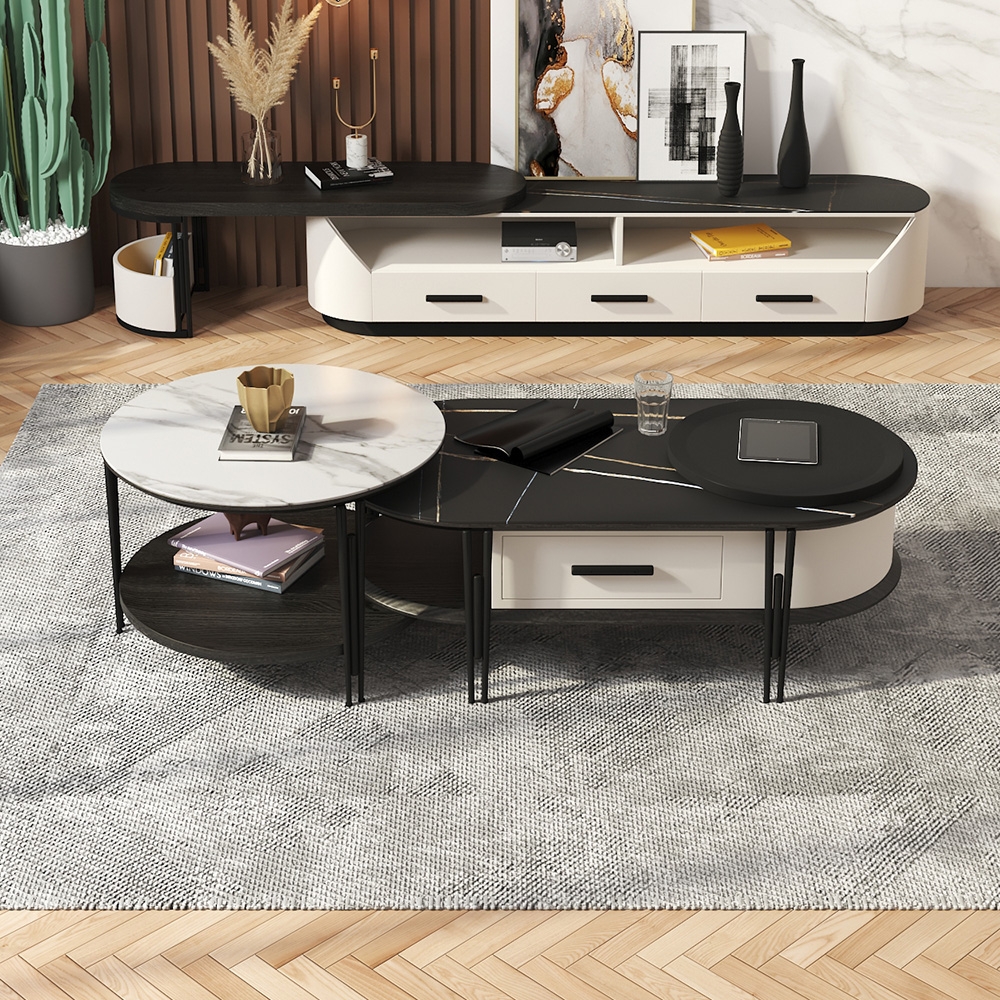 Ensemble de 2 meubles TV et table basse minimalistes avec plateau en pierre frittée et nombreux rangements image de fenêtre