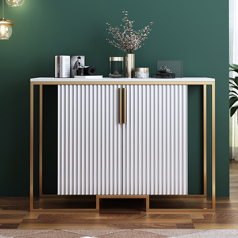 Contemporary White Slatted Accent Cabinet with Geometric Golden Frame window image