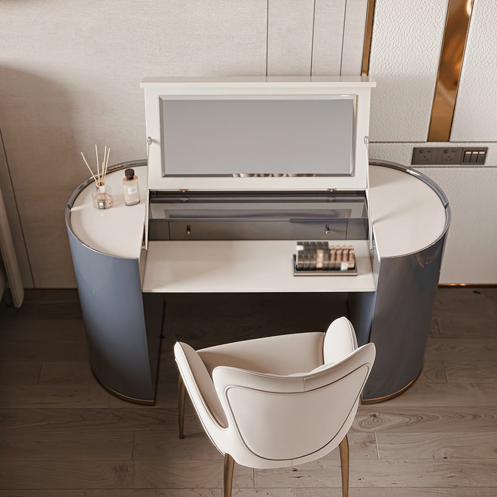 Miroir de coiffeuse à rabat moderne inclus en blanc et gris foncé image de fenêtre