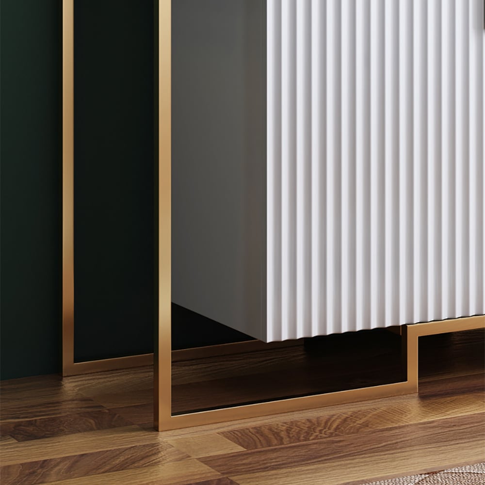 Contemporary White Slatted Accent Cabinet with Geometric Golden Frame window image