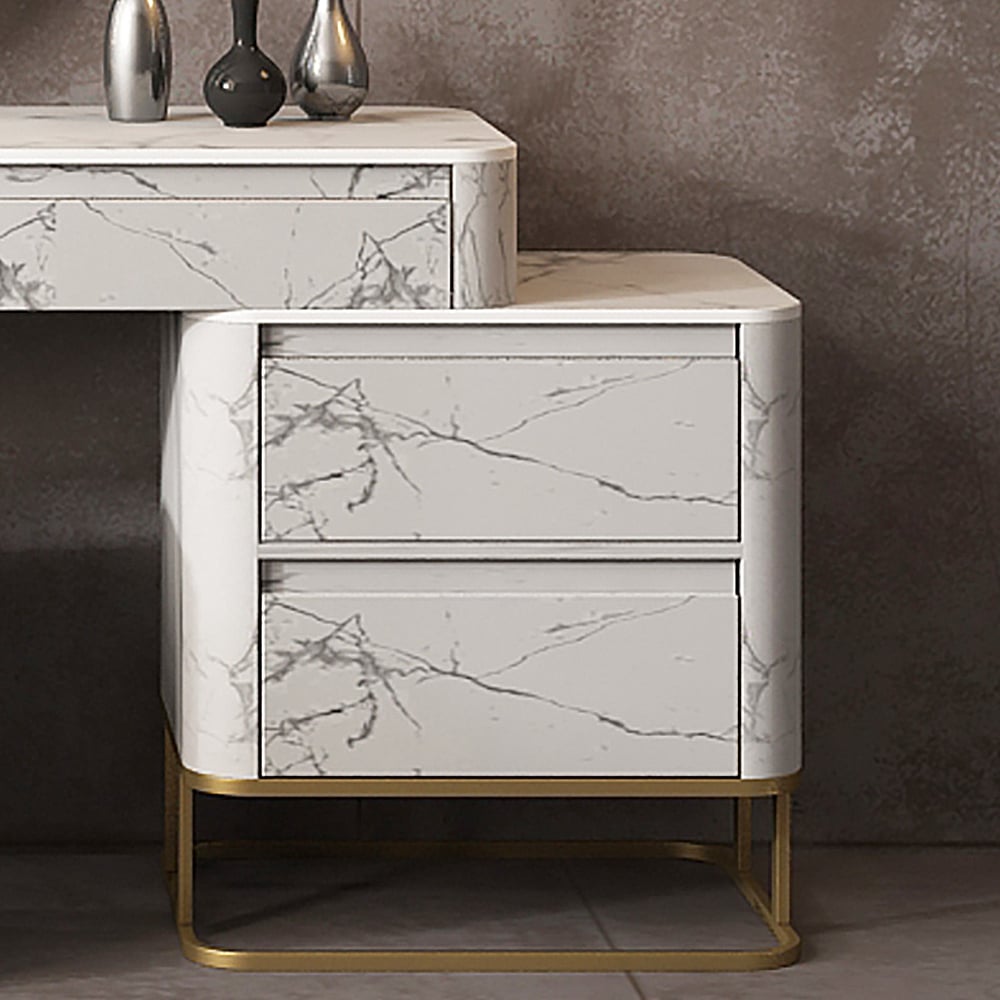 Nordic Sintered Stone Top Make-up ijdelheid met bijzettafel en kruk en spiegel Vensterafbeelding