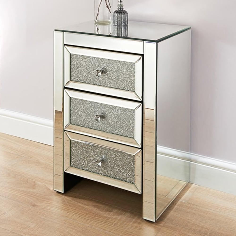 Moderner rechteckiger, verspiegelter Beistellschrank mit 3 Schubladen und Aufbewahrung in Silber Schaufensterbilder