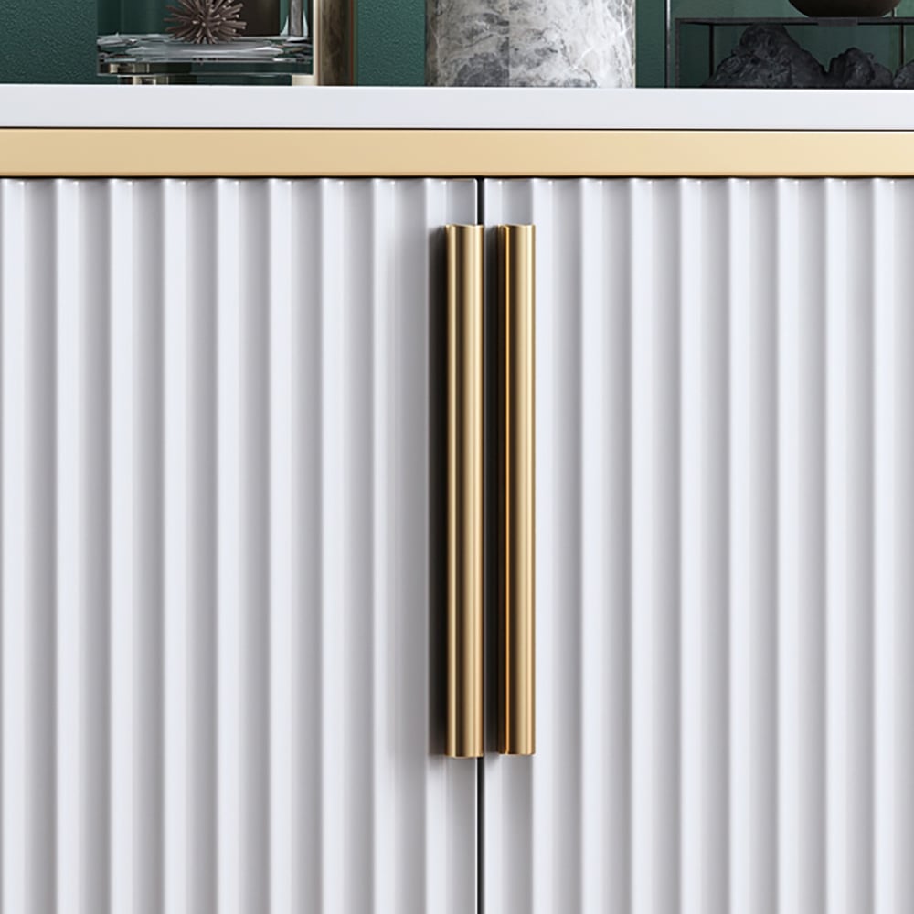 Contemporary White Slatted Accent Cabinet with Geometric Golden Frame window image